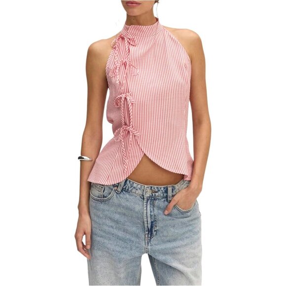 Tops - Women's Striped Tie Front Halter Top Sleeveless Open Back Tank Small